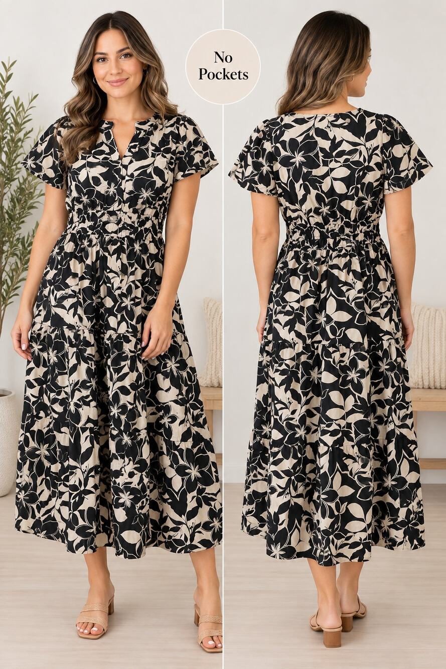 Meadow Rhodes Black Beige Floral Tiered Maxi Dress Size S 100% Cotton